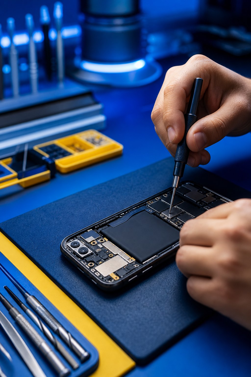 Técnico realizando manutenção cuidadosa em um celular